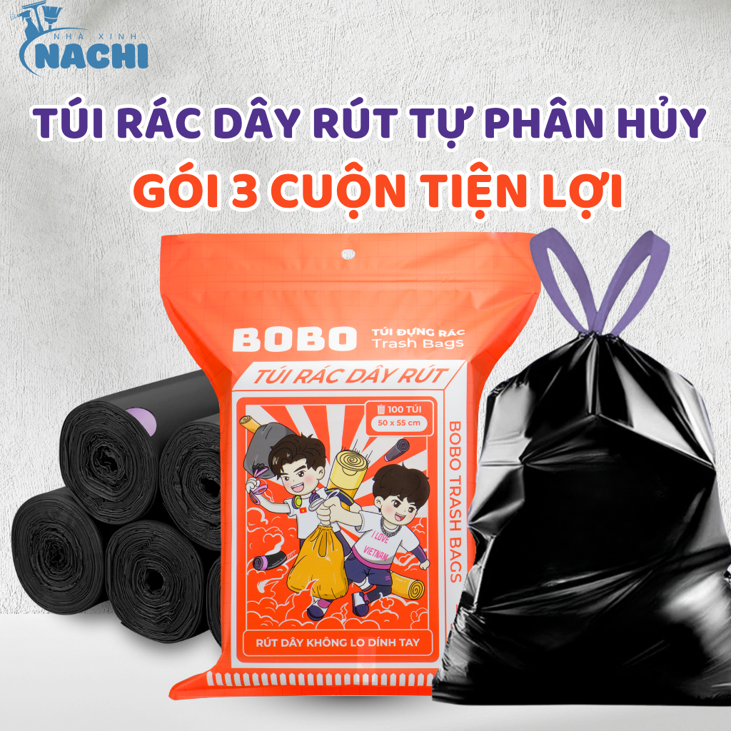 Túi Rác Có Dây Rút Tự Phân Hủy Túi Đựng Rác Đen Có Quai Xách 10kg Dày Dặn Chống Rò Rỉ Nước 50 x 55cm