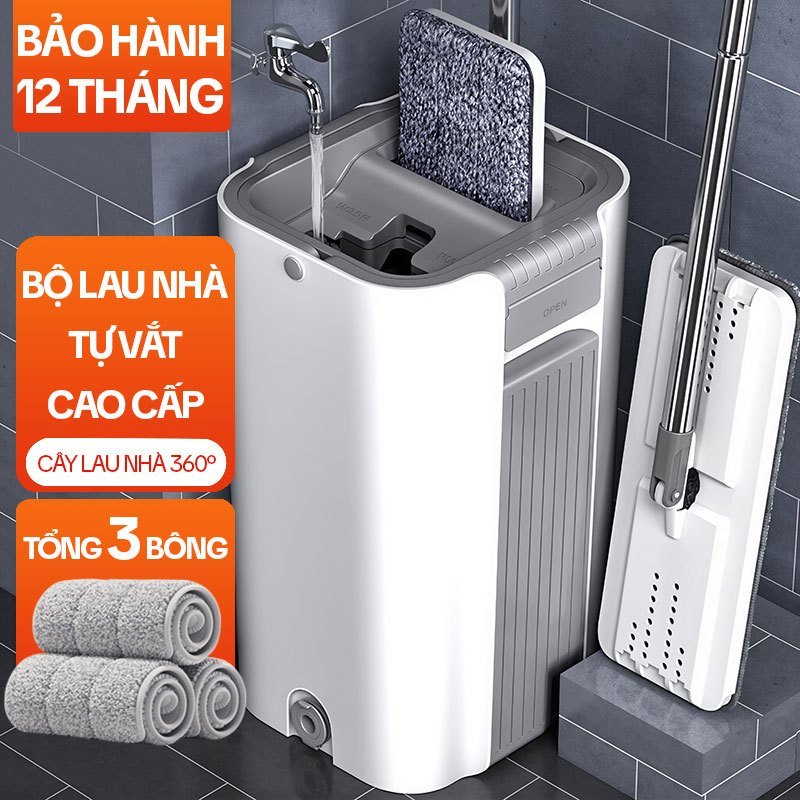 Bộ lau nhà tự vắt KITIMOP C6 PLUS-PRO thùng 2 ngăn giặt vắt, bàn lau 33cm, kèm 3 bông lau