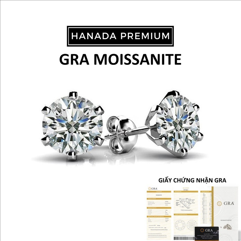 [CHỨNG NHẬN GRA] Bông Tai Hanada Đá Moissanite 5MM  Phủ Bạch Kim Hoa Tai Nụ Bạc 925 Không Đen Không Mờ Nam Nữ 1166 A3