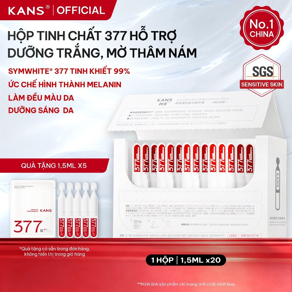 KANS - Hộp Tinh Chất 377 Dưỡng Trắng Da, Giảm Thâm Sạm, Cải Thiện Sắc Tố Da với Symwhite 377, B5 1.5ml x 20 ống