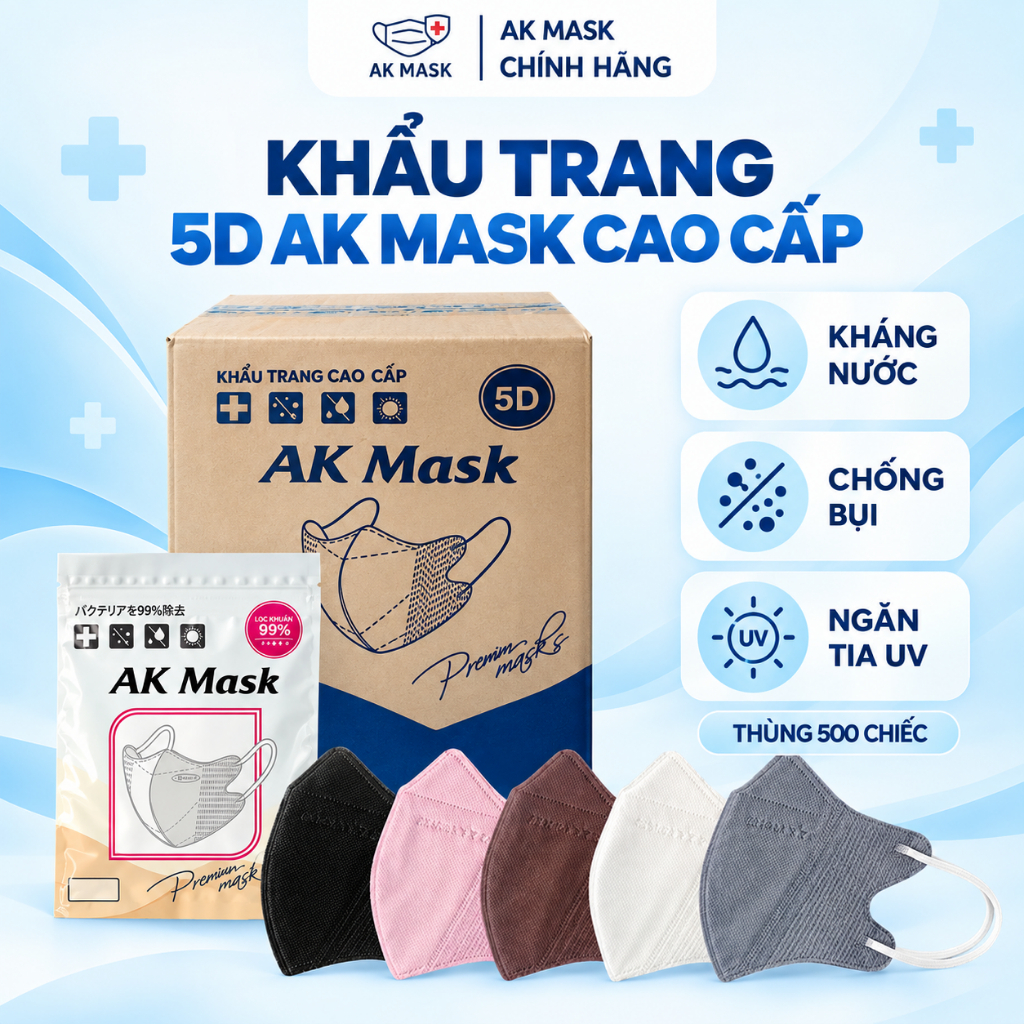Thùng 500C Khẩu Trang 5D AK MASK Kháng Khuẩn, Bụi Mịn, Kháng Nước, Chống Tia UV