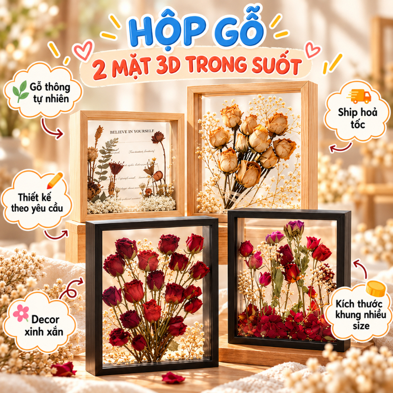 KHUNG HỘP GỖ 3D SÂU LÒNG - Decor 2 mặt trang trí hoa khô - Quà tặng Handmade độc đáo