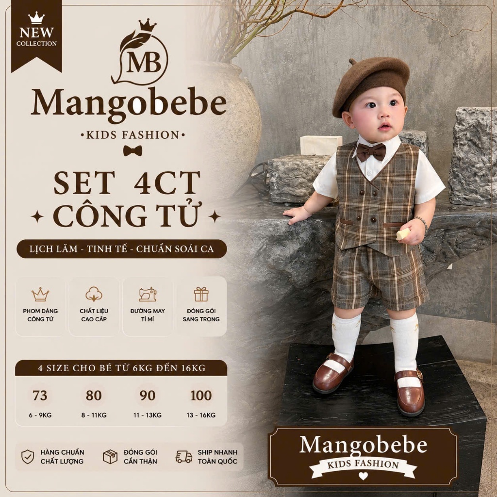 mangobebe-SET CÔNG TỬ 4CT TONE NÂU ĐẬM NƠ NÂU SANG XỊN CHO BÉ DỰ TIỆC THÔI NÔI