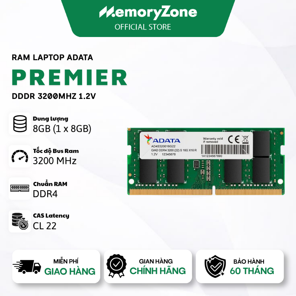RAM Laptop ADATA Premier 8GB DDR4 3200MHz 1.2v - Bảo hành 60 tháng