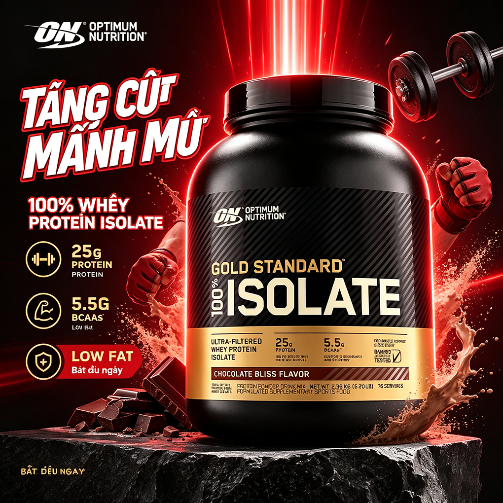 Bột protein ON Gold Standard Isolate 2.36kg Whey Isolate ít béo giảm mỡ tăng cơ Gym