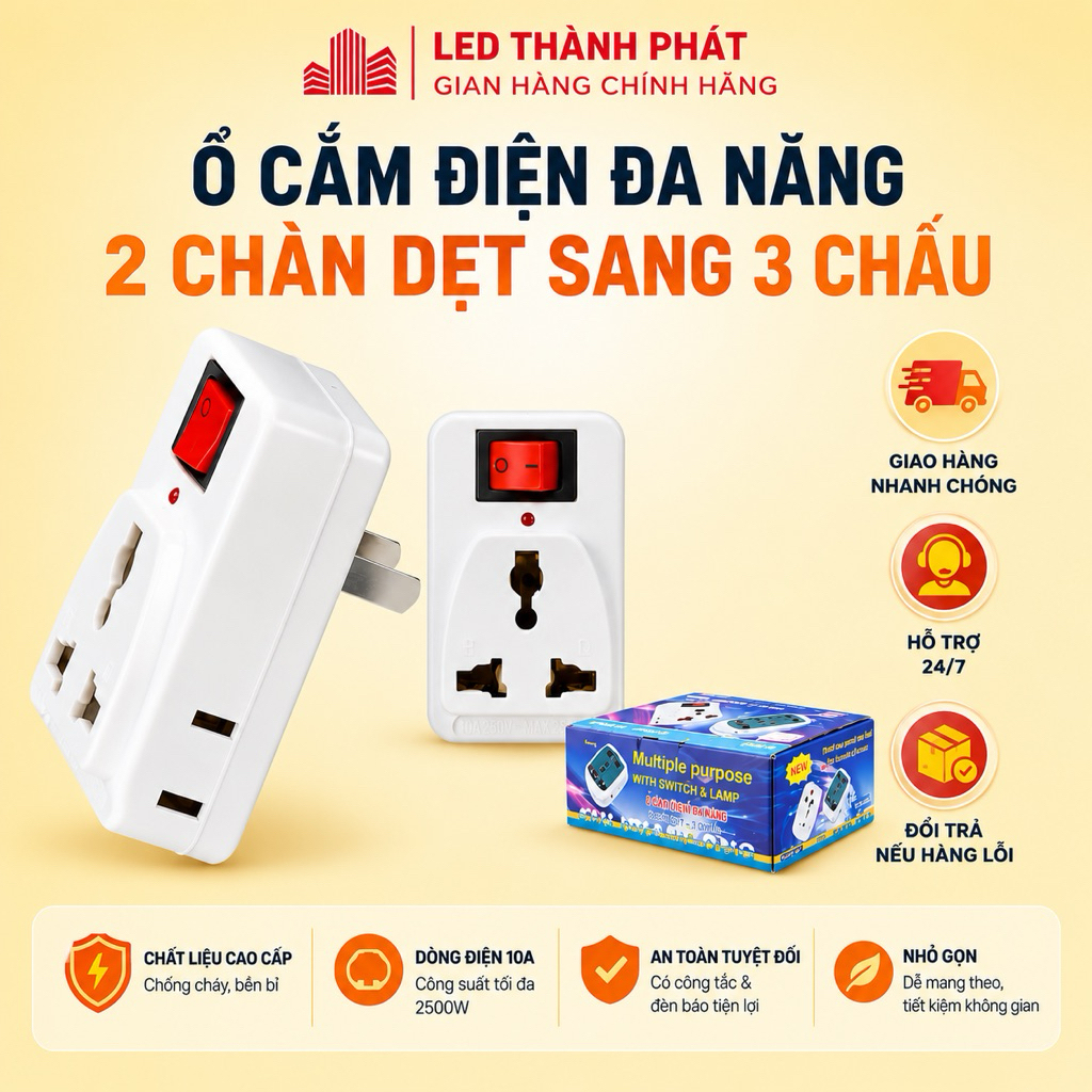 Phích cắm chuyển đổi ĐA NĂNG 1 ra 3 , có công tắc , có đèn báo