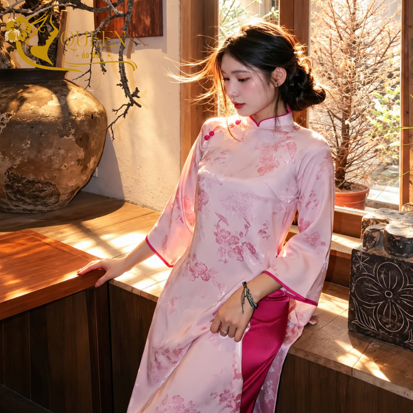 Áo Dài Cách Tân Hạc Tiên May Dáng Suông 2 Tà Đính Cúc Bọc Nổi Bật Phù Hợp Chụp Ảnh Lễ Tết Queen1978
