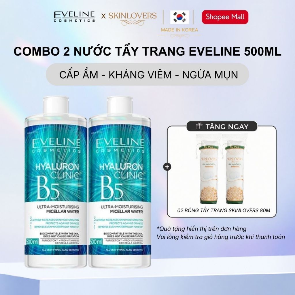 Combo 2 Nước Tẩy Trang Eveline Làm Sạch Sâu Cấp Ẩm Dịu Nhẹ Cho Mọi Loại Da Hyaluron Clinic B5 500ml