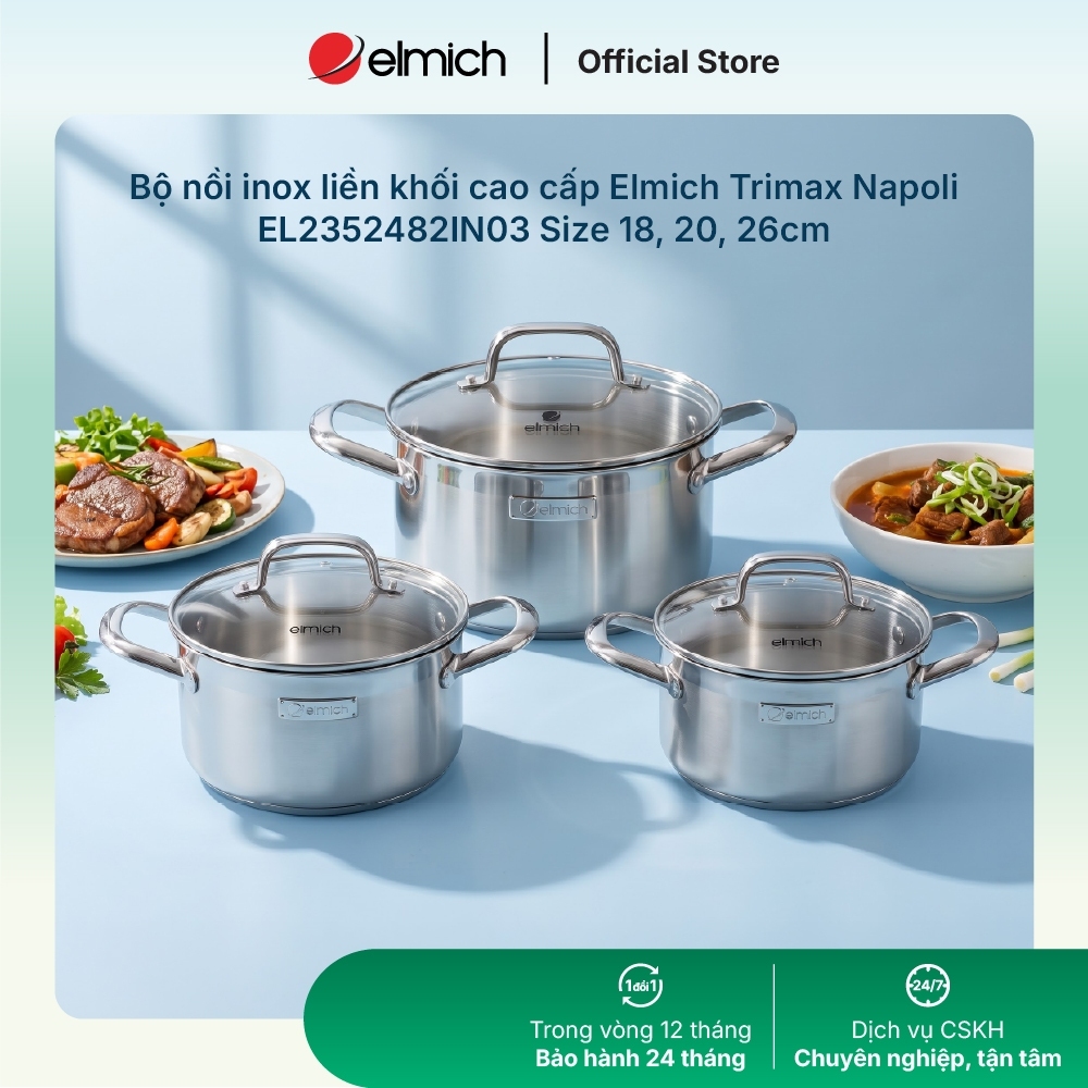 Bộ nồi inox liền khối cao cấp Elmich Trimax Napoli EL2352482IN03 Size 18, 20, 26cm