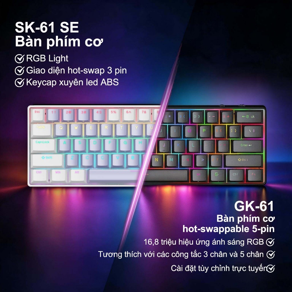 SKYSHIU SK-61 SE – Bàn phím cơ mini 61 phím nhỏ gọn dành cho game thủ PC/Mac, đèn nền nhiều màu có thể chuyển đổi, switc