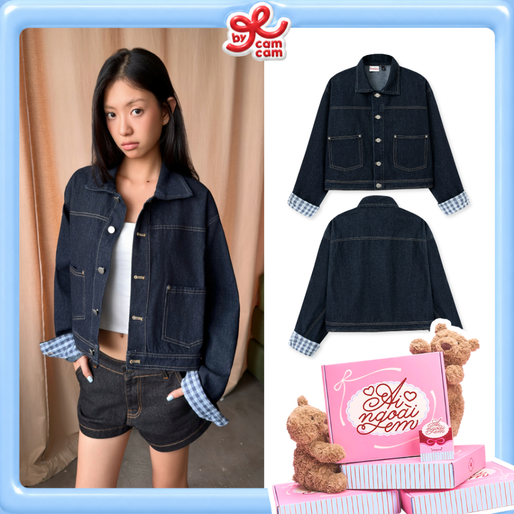 Áo Khoác Denim Phối Măng Sét Caro 𝑩𝒚𝒄𝒂𝒎𝒄𝒂𝒎 Phong Cách Retro Dáng Ngắn Năng Động AKHD368