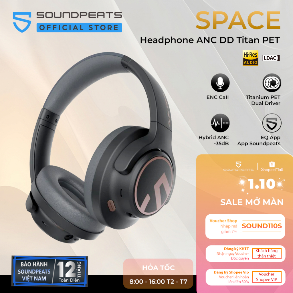 Tai Nghe Chụp Tai Bluetooth SoundPEATS Space | Pin 123 Giờ | DD Titan PET | Bluetooth 5.3