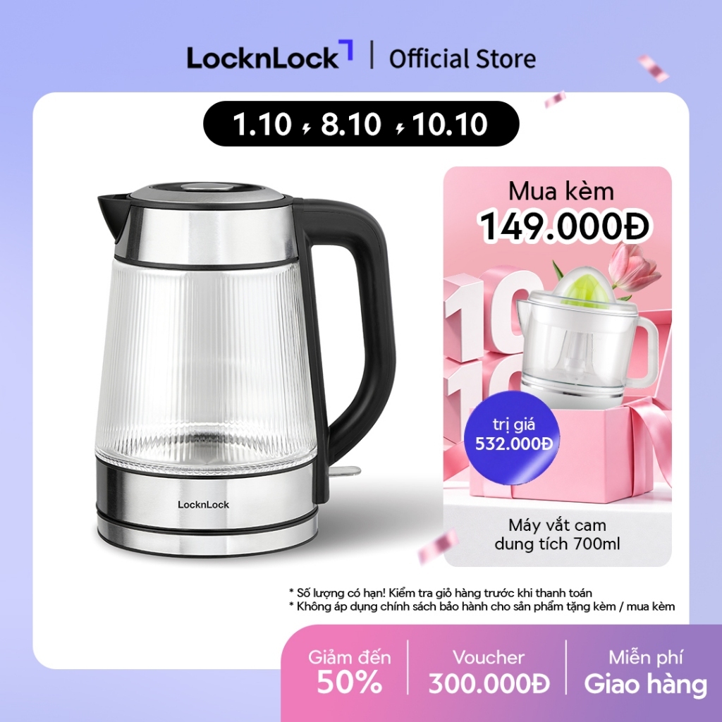Ấm đun siêu tốc bằng thủy tinh LocknLock Glass Electric Kettle 1.8L có đèn led và lưới lọc EJK256BLK