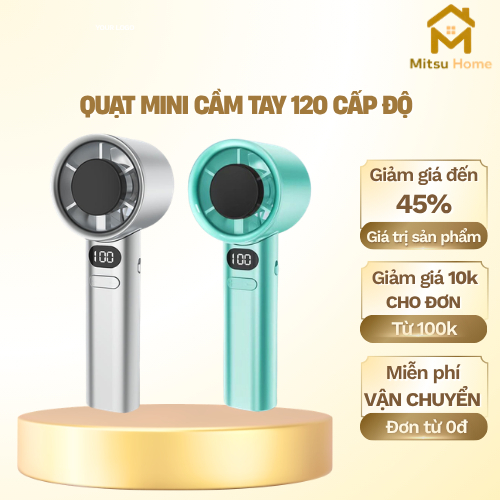 Quạt Mini Cầm Tay Sạc USB | 120 Cấp Độ Gió, Hiển Thị Pin & Tốc Độ, Dây Đeo