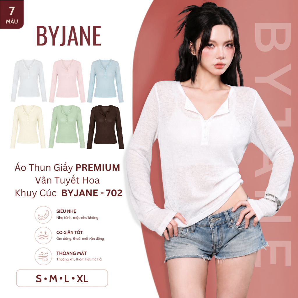 Áo Thun Nữ Tay Dài Chất Giấy Premium Khuy Cúc Mỏng Nhẹ Co Giãn Basic Hàn Quốc BYJANE - 702