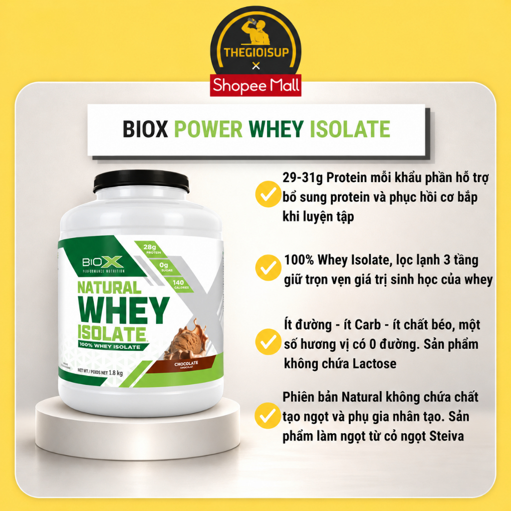 BIOX Natural Whey Isolate 100% Whey Isolate vị Socola 1.8kg bổ sung protein