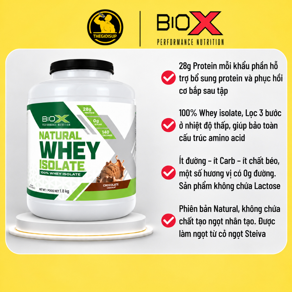 Bột protein BIOX Natural Whey Isolate vị Socola 100% Whey Isolate 1.8kg 28g Protein