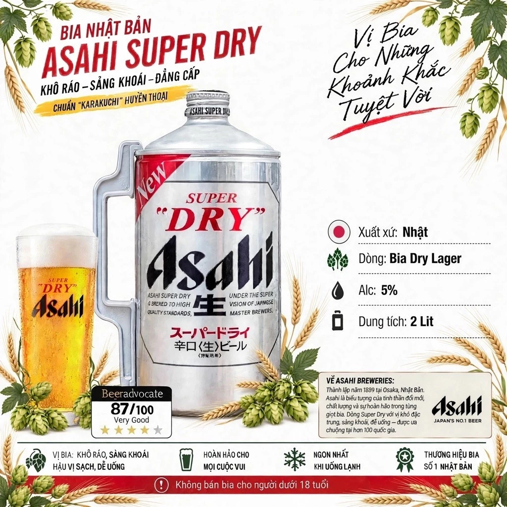 Bia Asahi Super Dry 2L Nhật Bản - Bia Bom 2 Lít Alc 5% - Chuẩn Karakuchi [Date 04.2027][Chính Hãng]