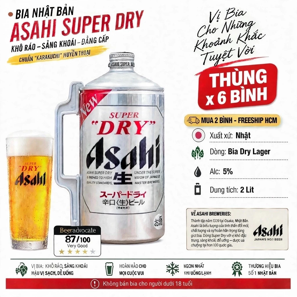 [Date 04.2027][Thùng x 6 Bom] Bia Asahi Super Dry 2L Nhật Bản - Bia Bom 2 Lít Alc 5% - Chuẩn Karakuc