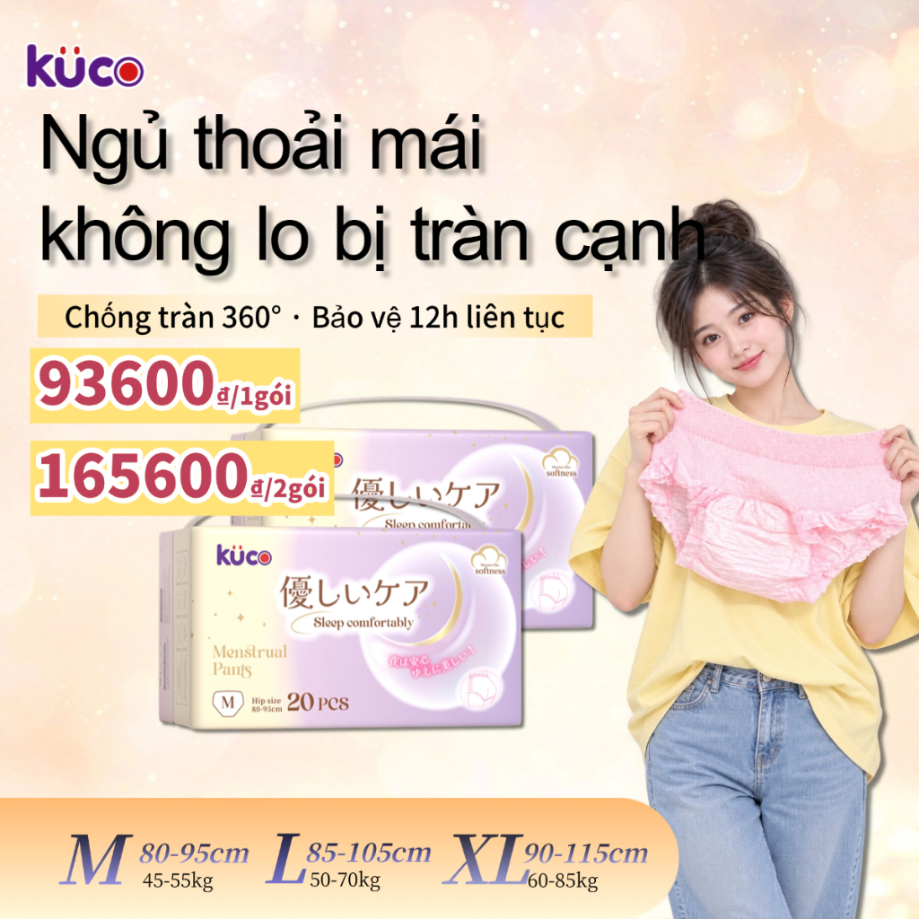 KUCO Quần vệ sinh nữ 20 miếng – M/L/XL, chống tràn 360° lõi thấm mềm mại, khô thoáng cả ngày lẫn đêm