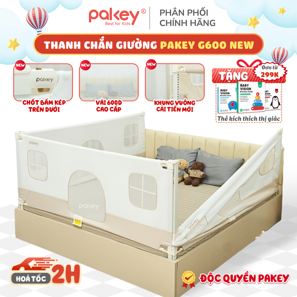 [HỎA TỐC] Thanh Chắn Giường Cho Bé Pakey G600, Mẫu Mới Vải 600D Cao Cấp, Khung Vuông Dày Dặn Nâng Hạ