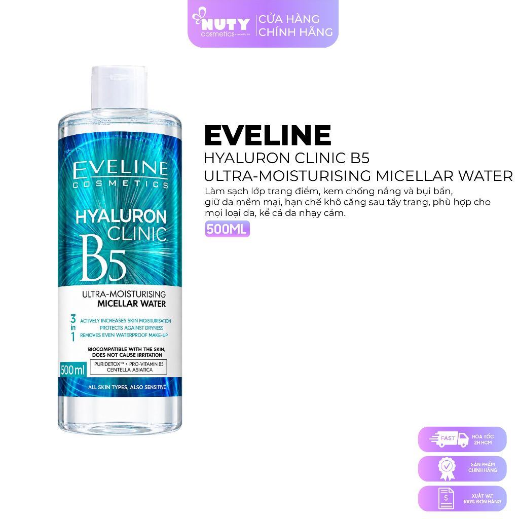 Nước tẩy trang Eveline Hyaluron Clinic B5 Puridetox (500ml)