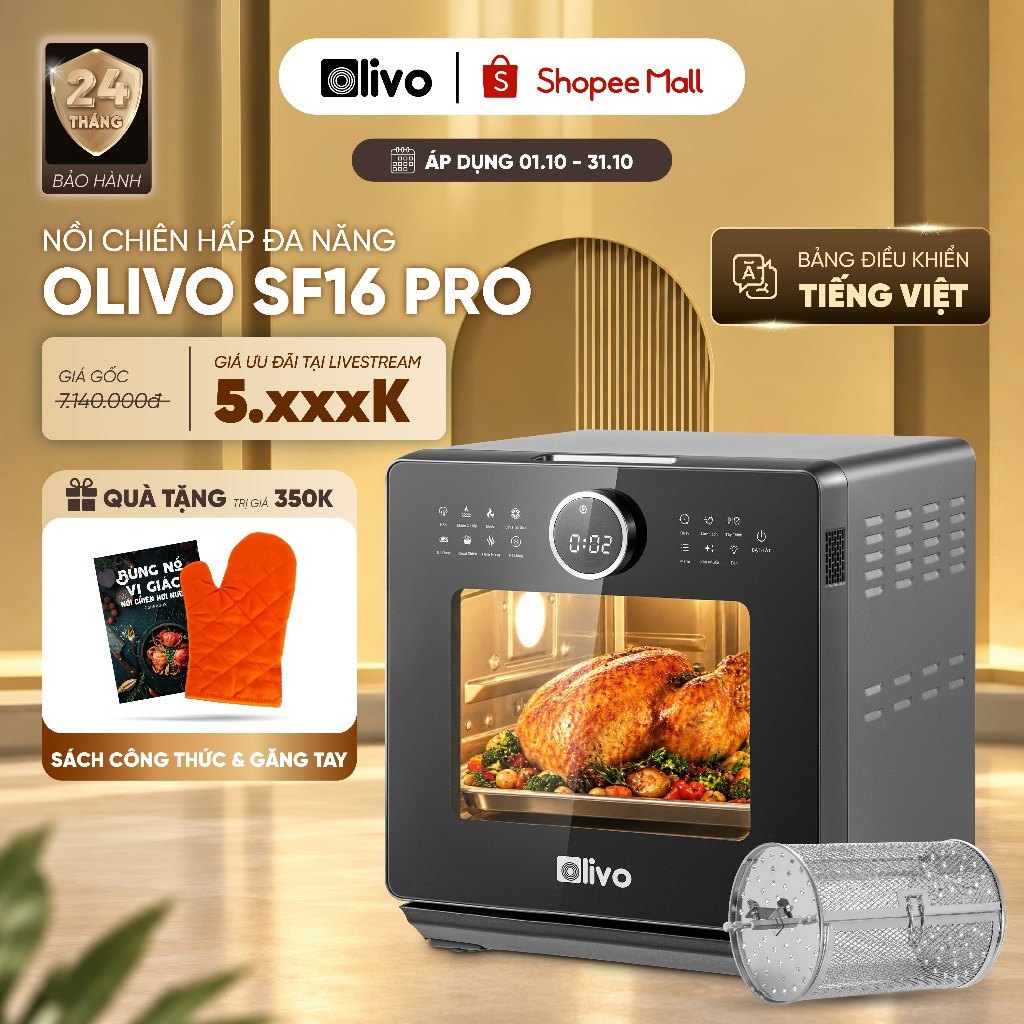 Nồi Chiên Hơi Nước OLIVO SF16 PRO Bản Có Chú Thích Tiếng Việt, 70 Chế Độ, Tặng…