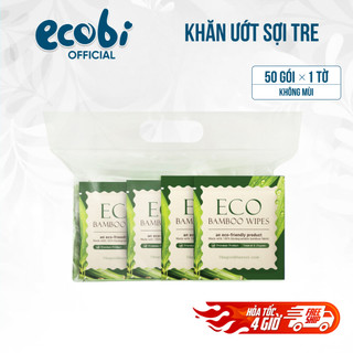 Túi 50 gói khăn ướt vải sợi tre kháng khuẩn EcoBamboo Wipes gói 1 tờ không mùi