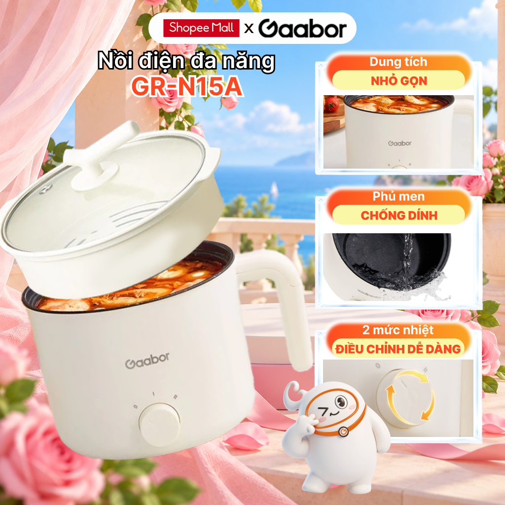 Nồi điện đa năng Gaabor GR-N15A nồi lẩu mini 1.5L chống dính công suất 600W 2 mức nhiệt kèm xửng hấp