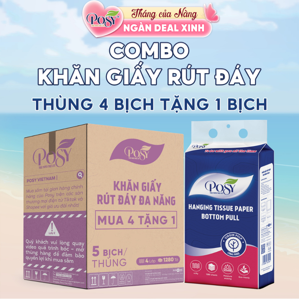 COMBO THÙNG 5 BỊCH GIẤY RÚT ĐÁY POSY ĐA NĂNG 1280 TỜ 4 LỚP MỀM MỊN TIỆN LỢI CHO MỌI NHÀ
