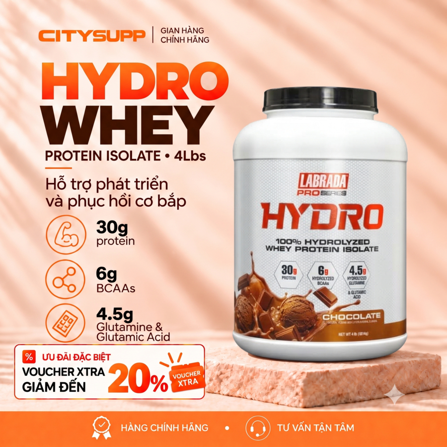 Sữa Bột Labrada HYDRO WHEY 4Lbs (48 Lần Dùng) 100% Hydrolyzed Whey Protein Isolate | CitySupp