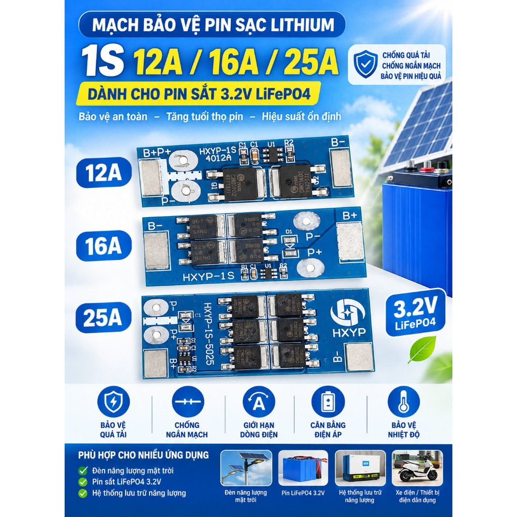 Mạch Bảo Vệ Pin Sạc Lithium 1S 12A 16A 25A cho đèn năng lượng mặt trời pin sắt 3.2V lifepo4
