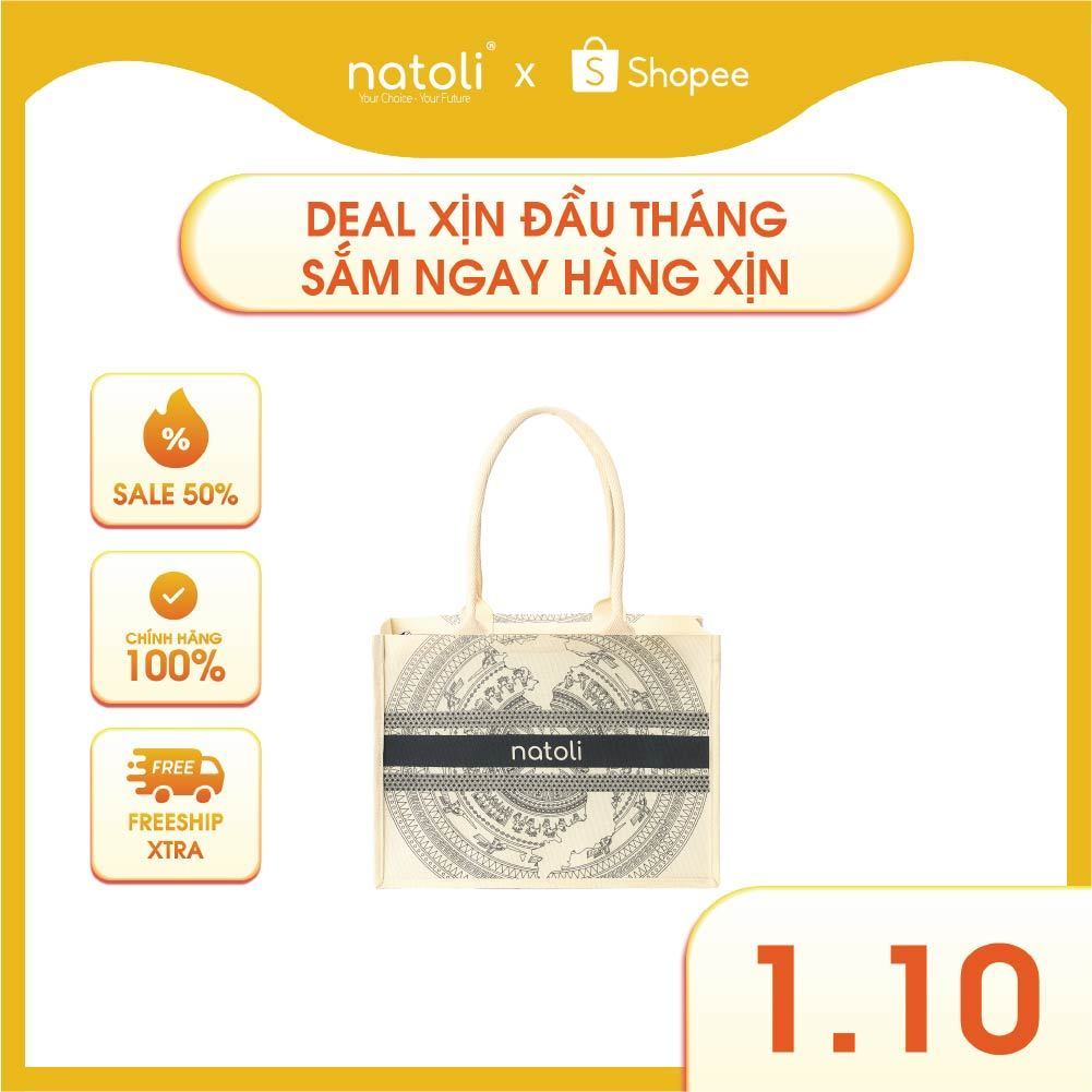 Túi cói vintage, túi đi biển NATOLI đi du lịch, đi chơi có khóa kéo đựng đồ tiện lợi BST Artisan Eco Jute Tote T36