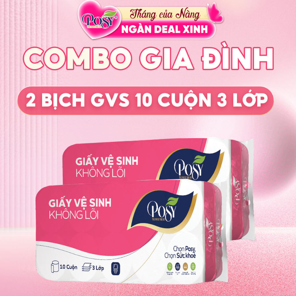 Combo 2 bịch giấy vệ sinh Posy 10 cuộn 3 lớp có lõi hoặc không lõi, dễ tan…