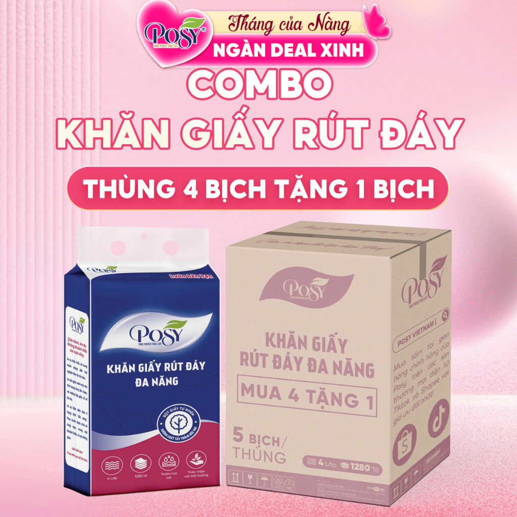 Combo thùng 5 bịch giấy rút đáy đa năng posy 1280 tờ 4 lớp