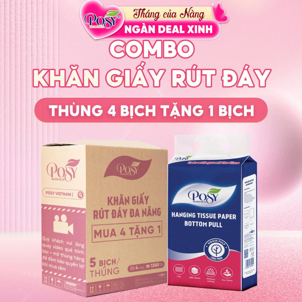 Combo thùng 5 bịch giấy rút đáy posy đa năng 1280 tờ 4 lớp mềm mịn tiết kiệm