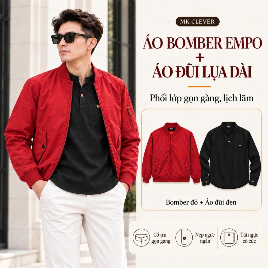 Combo Áo Khoác Bomber Nam Empo + Áo Đũi Lụa Dài MK CLEVER Basic Mặc Thu Đông Phối Đồ Cực Đẹp