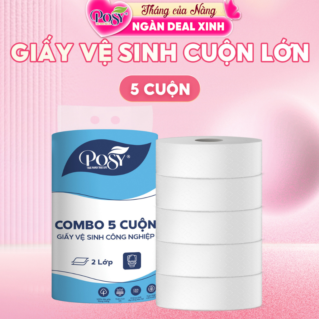 COMBO 5 CUỘN GVS POSY - Cuộn lớn, 700gram 2 lớp, mềm mịn, tiết kiệm, thân thiện với môi trường