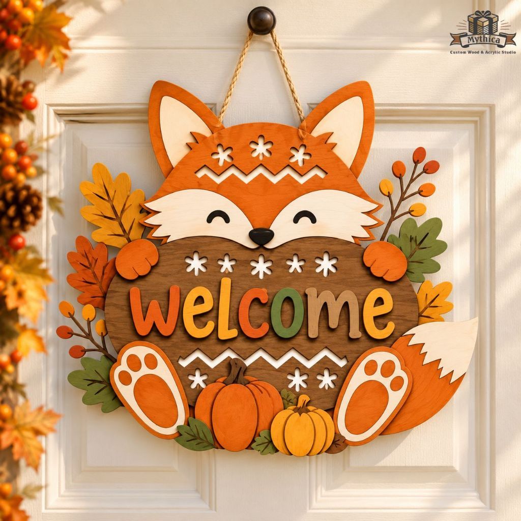 Bảng gỗ Welcome hình cáo và bí ngô mùa thu — ảnh listing minh họa