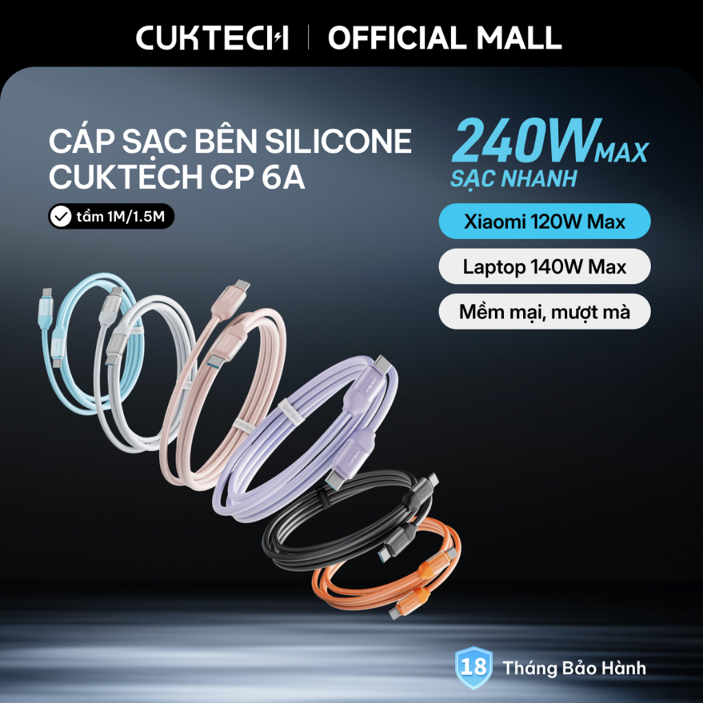 Cáp sạc bên silicone CUKTECH 1.5M CP 6A 240W Max cáp Type-C mềm mại