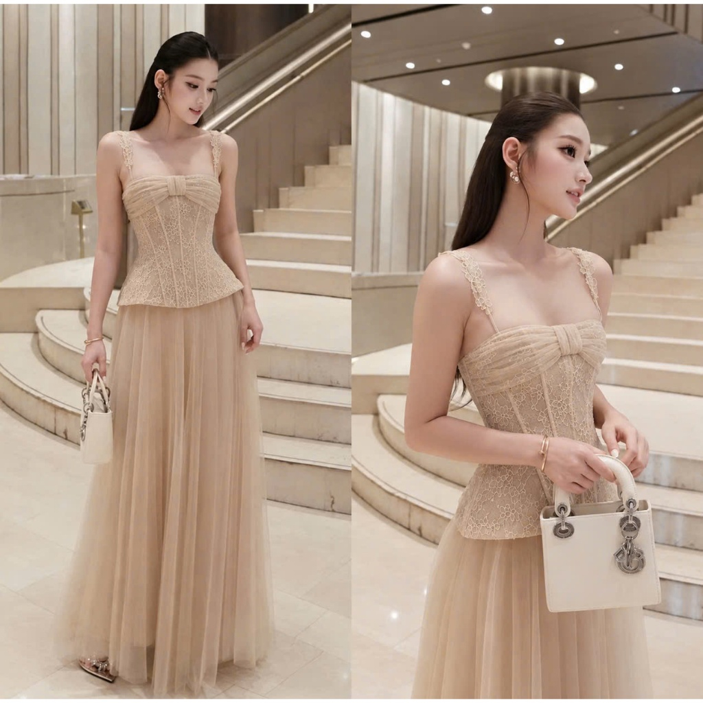 Akara Closet - Set Áo Cúp Ren Corset Y113 Phối Chân Váy Lưới Xoè Tiểu Thư Sang Trọng