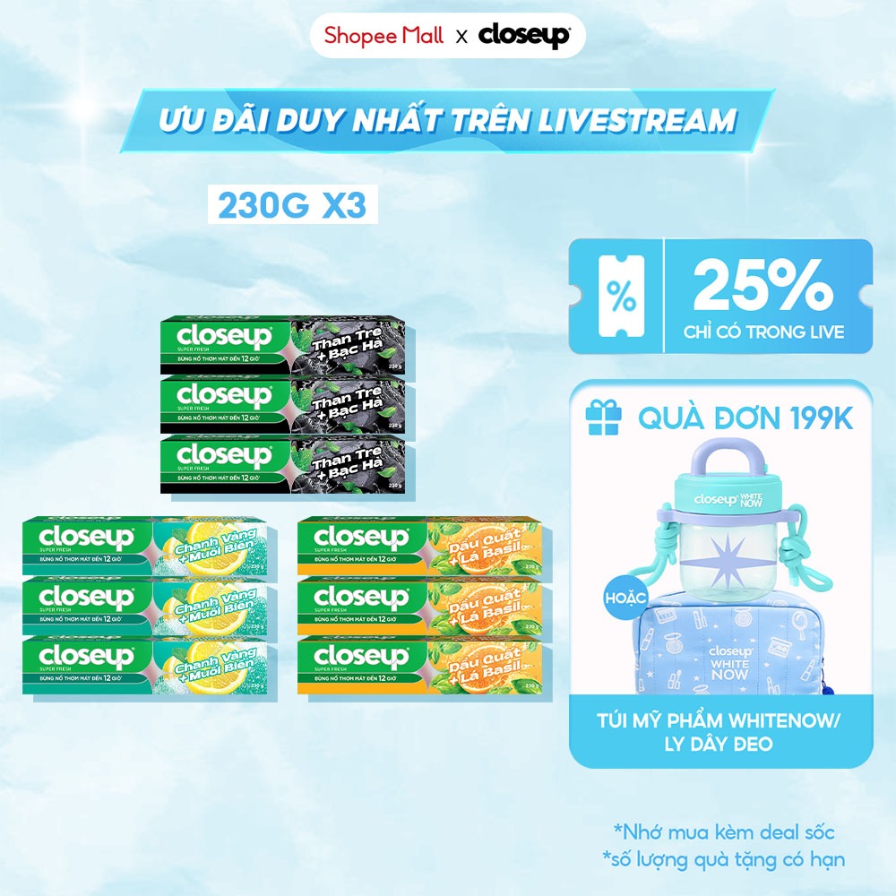 Combo 3 Kem Đánh Răng Closeup Trắng Răng Thơm Mát thành phần Thiên Nhiên 230G