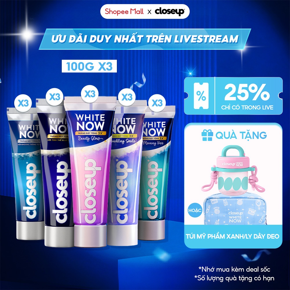 Combo 3 kem đánh răng CLOSEUP White Now - Trắng Bật Tông 3X tức thì từ Công nghệ Ánh Sáng Xanh 100g