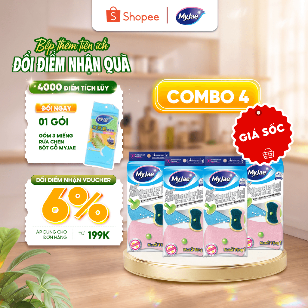 COMBO 4 Miếng bọt biển rửa chén kháng khuẩn MyJae