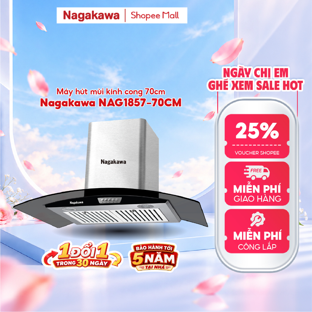 Máy hút mùi Nagakawa NAG1857-70CM, 70cm, gắn tường, lọc than hoạt tính