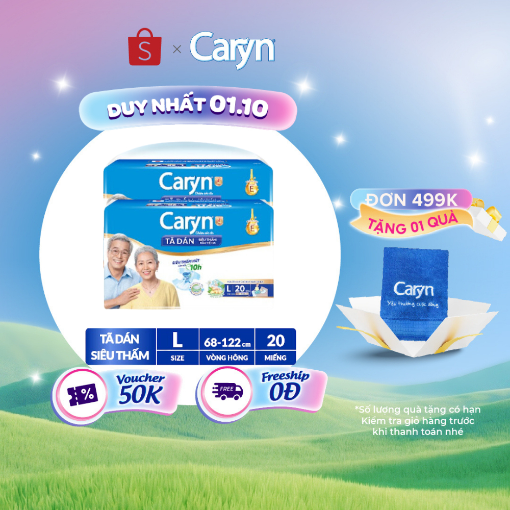 Bộ 2 Tã/Bỉm dán người lớn siêu thấm Caryn dành cho người hạn chế khả năng đi lại Size L (8/10/20/40p