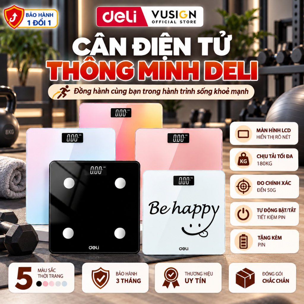 Cân Điện Tử Sức Khỏe Deli Chịu Tải 180kg Màn Hình LED Mặt Kính Cường Lực BẢO HÀNH 3 THÁNG KÈM PIN THAY