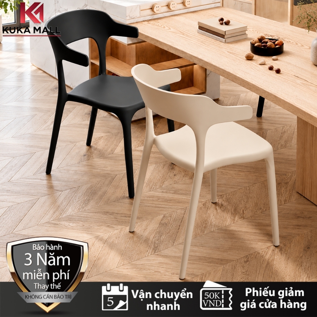 KUKA Ghế nhựa tựa lưng cong, xếp chồng gọn, chắc chắn chịu lực tốt, phòng ăn, nhiều màu