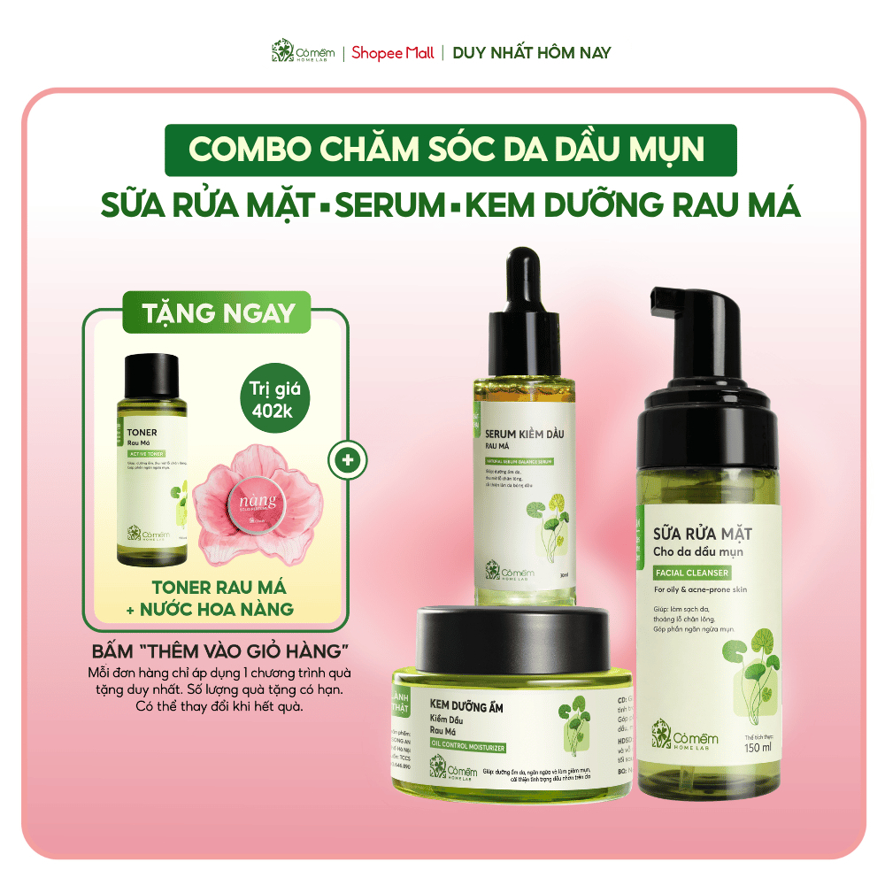 Bộ Chăm Sóc Da 3 Bước Sữa Rửa Mặt Serum Và Kem Dưỡng Rau Má Cỏ Mềm