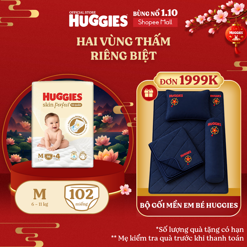Tã quần Huggies Skin Perfect Mega Jumbo M98/ L88/XL72+4/XXL64+4 2 vùng thấm giảm kích ứng da